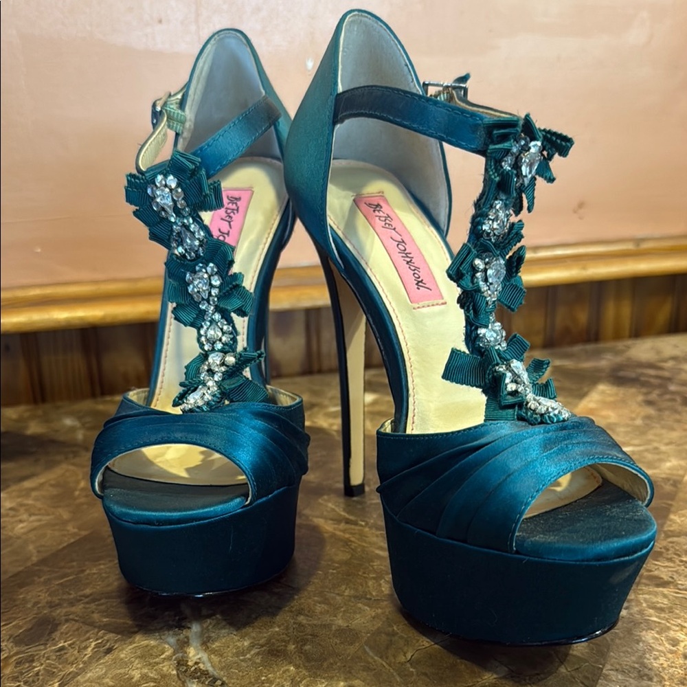 Betsey Johnson Teal Satin Platform Heels